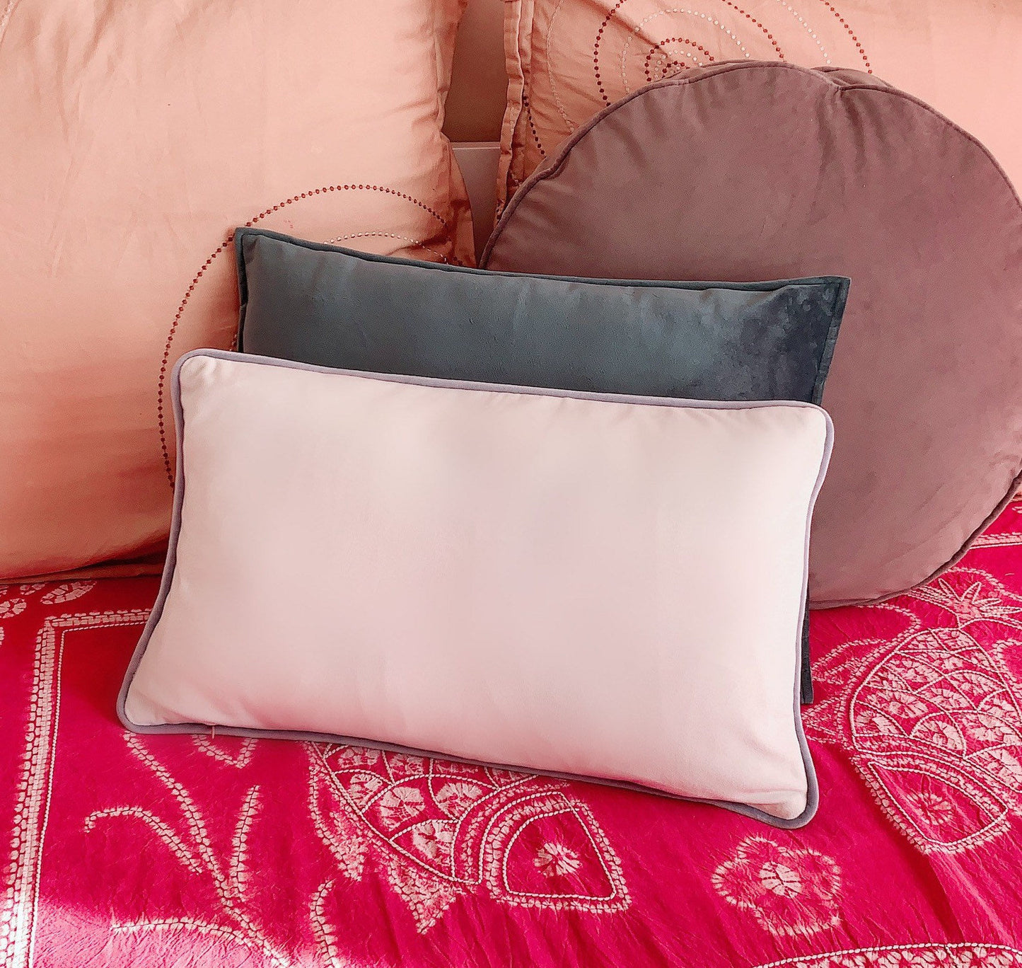 Pink & White Double Sided Cushion Cover, Luxury Velvet Lumbar Pillow Cover 12” X 20”, Decorative Throw Pillow Cover Baby Pink / Milk White