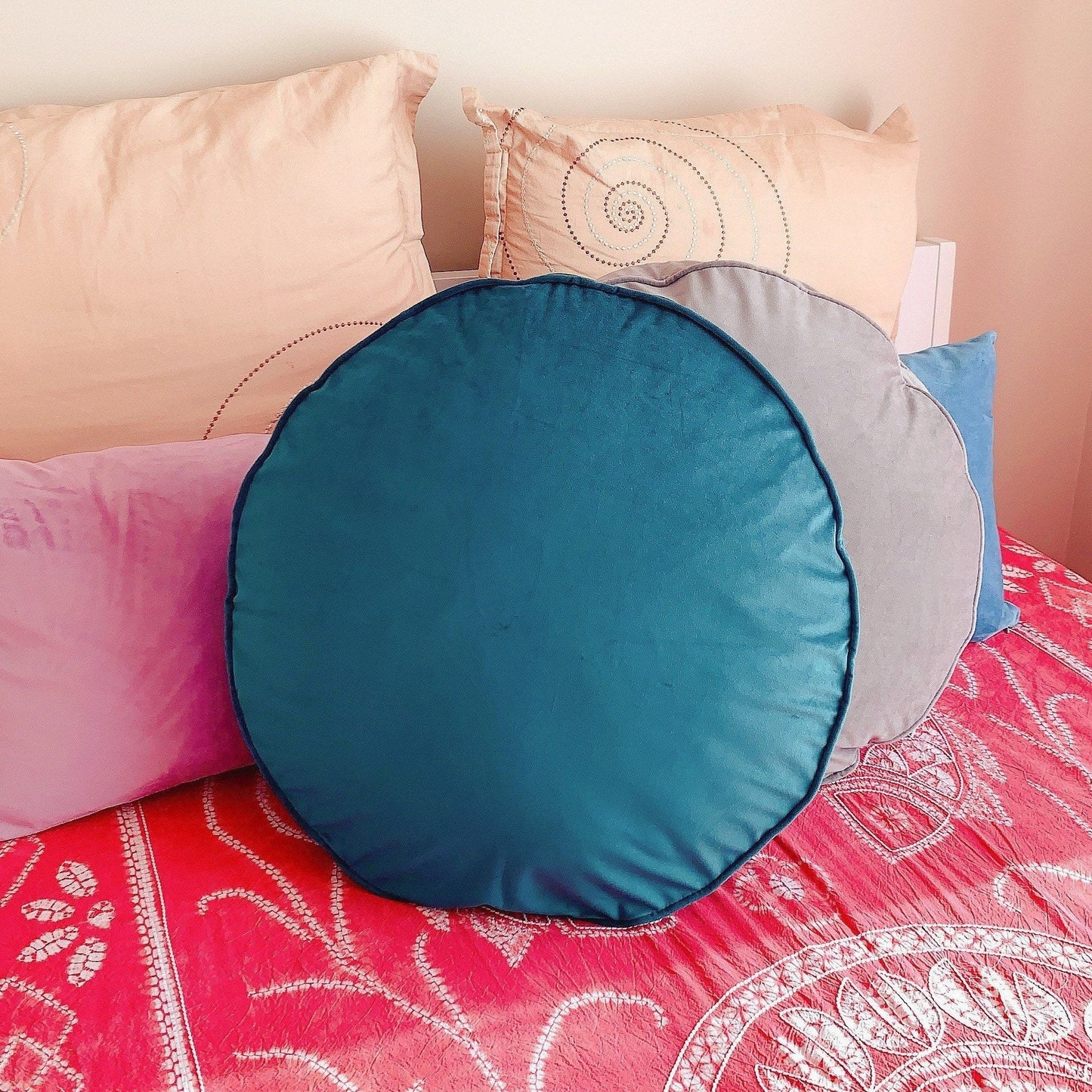 Peacock Blue Luxury Velvet Round Pillow Cover, 20” Diameter Cushion Cover, Decorative Throw Pillow Cover