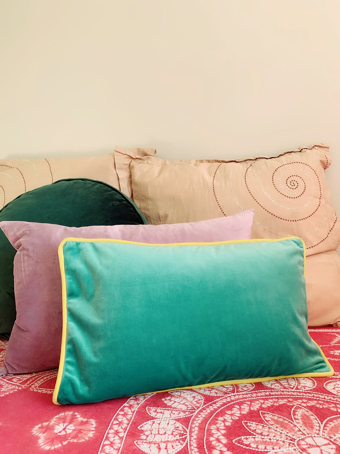 Velvet Pillow Cover | 12” x 20”| Double sided | Green & White Lumbar Velvet Pillow Cover | Vintage Pillow Cover