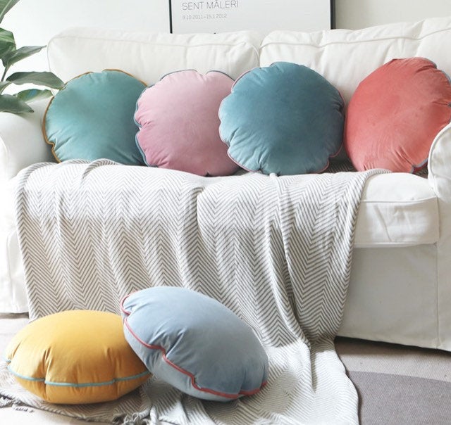 Blush Pink Pillow Cushion Cover, Luxury Velvet Bohemian Round Pillow