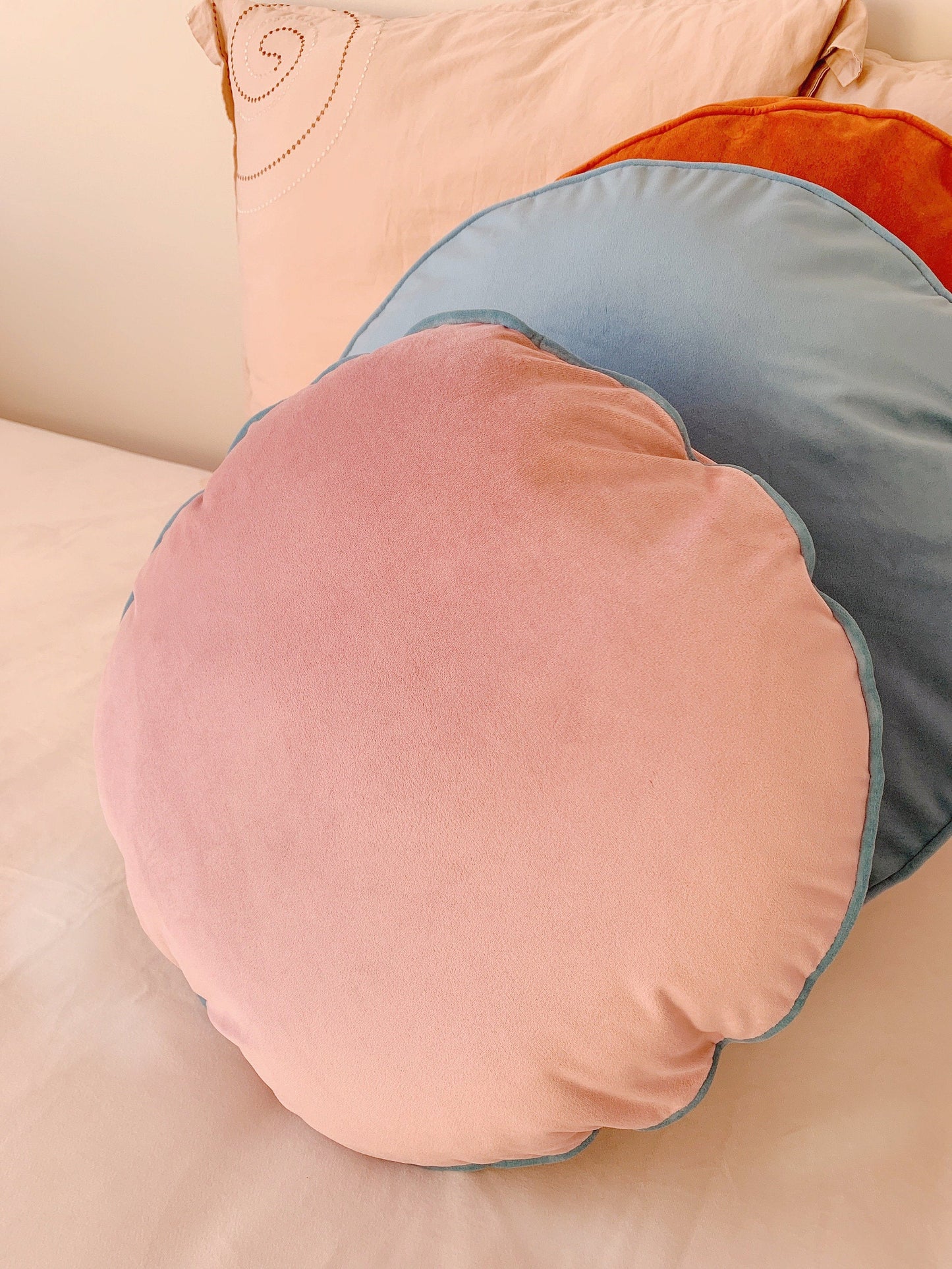 Blush Pink Pillow Cushion Cover, Luxury Velvet Bohemian Round Pillow