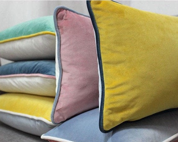 Velvet Pillow Covers | 12" X 20" Throw Pillow Cover | Yellow & Grey Blue | Vintage Pillow Covers | Lumbar Cushion Cover