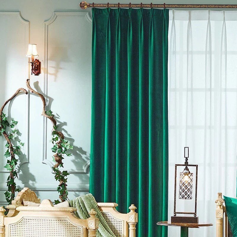 Velvet Curtain | Vintage GREEN Blackout Curtain | velvet curtain panels | Curtain Panels | Custom Curtains