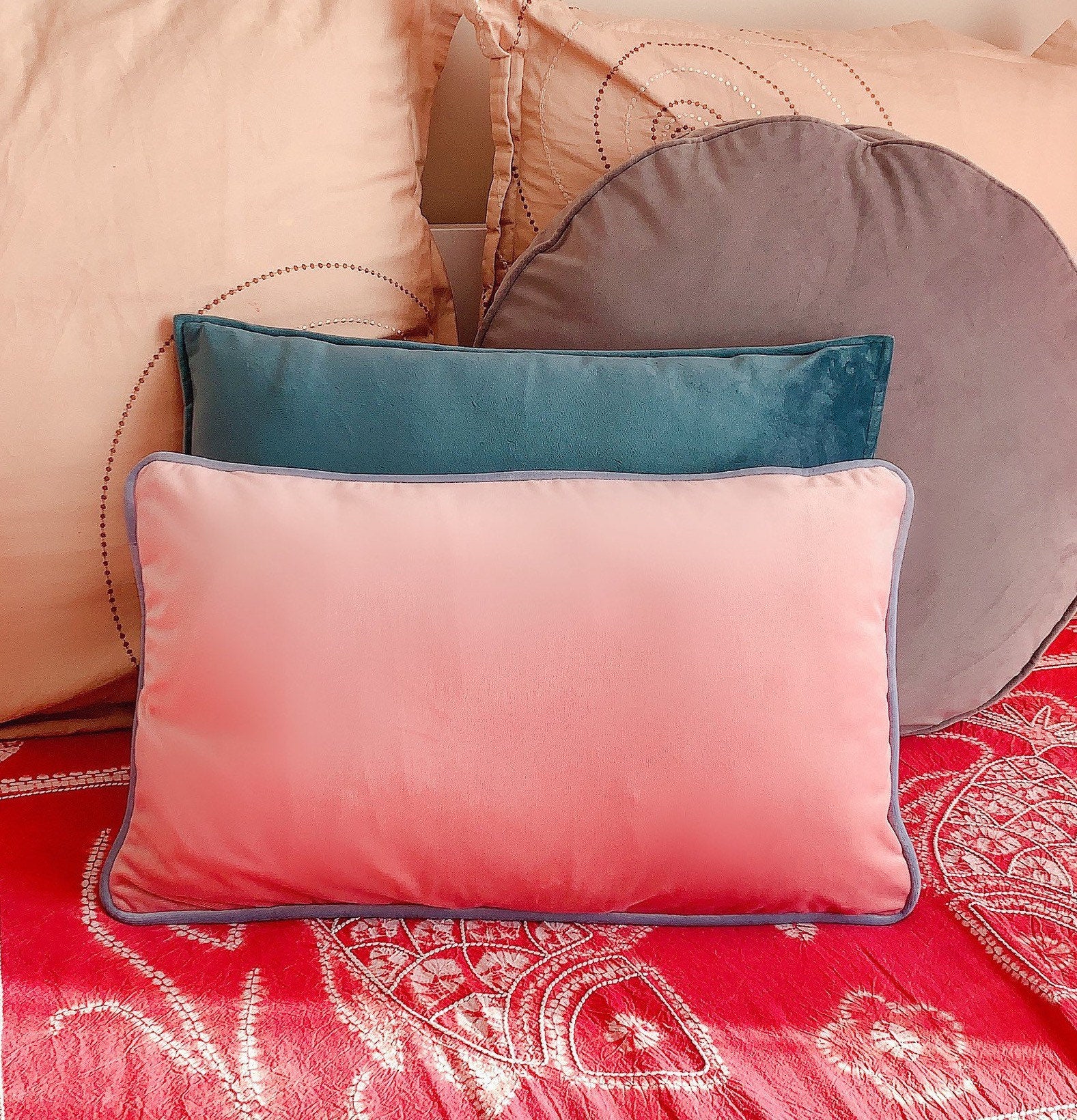 Baby Pink and White Double-Sided with Blue Piping Velvet Lumbar