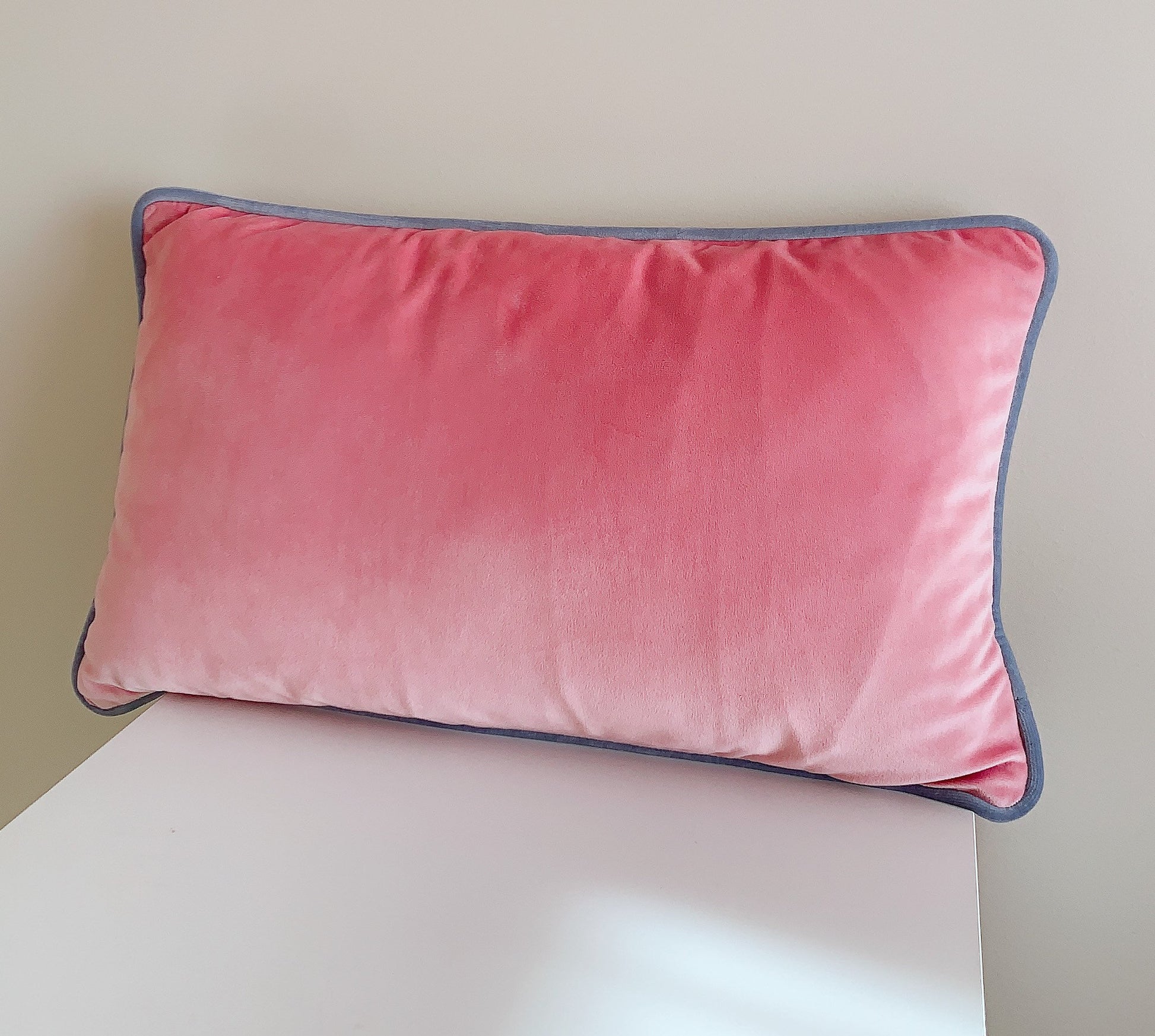 Baby Pink and White Double-Sided with Blue Piping Velvet Lumbar