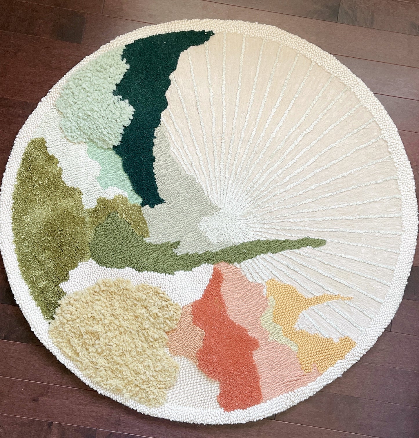 Hand Hooked Round Wool Rug, Abstract Lush Area Rug, Nursery Rug, Abstract Landscape Modern Home Décor