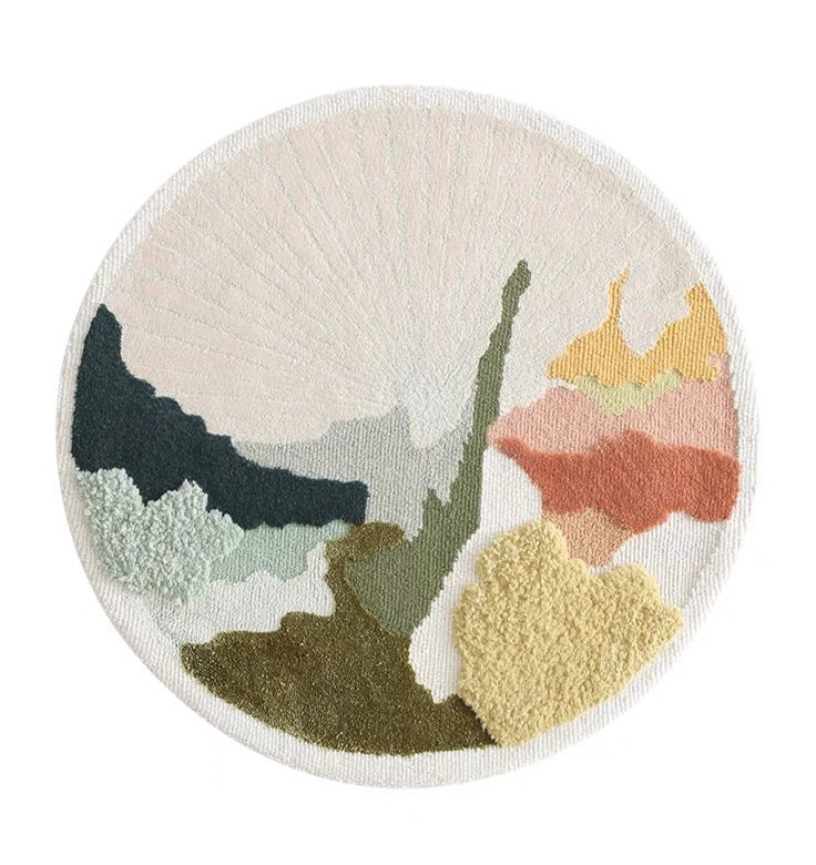 Hand Hooked Round Wool Rug, Abstract Lush Area Rug, Nursery Rug, Abstract Landscape Modern Home Décor